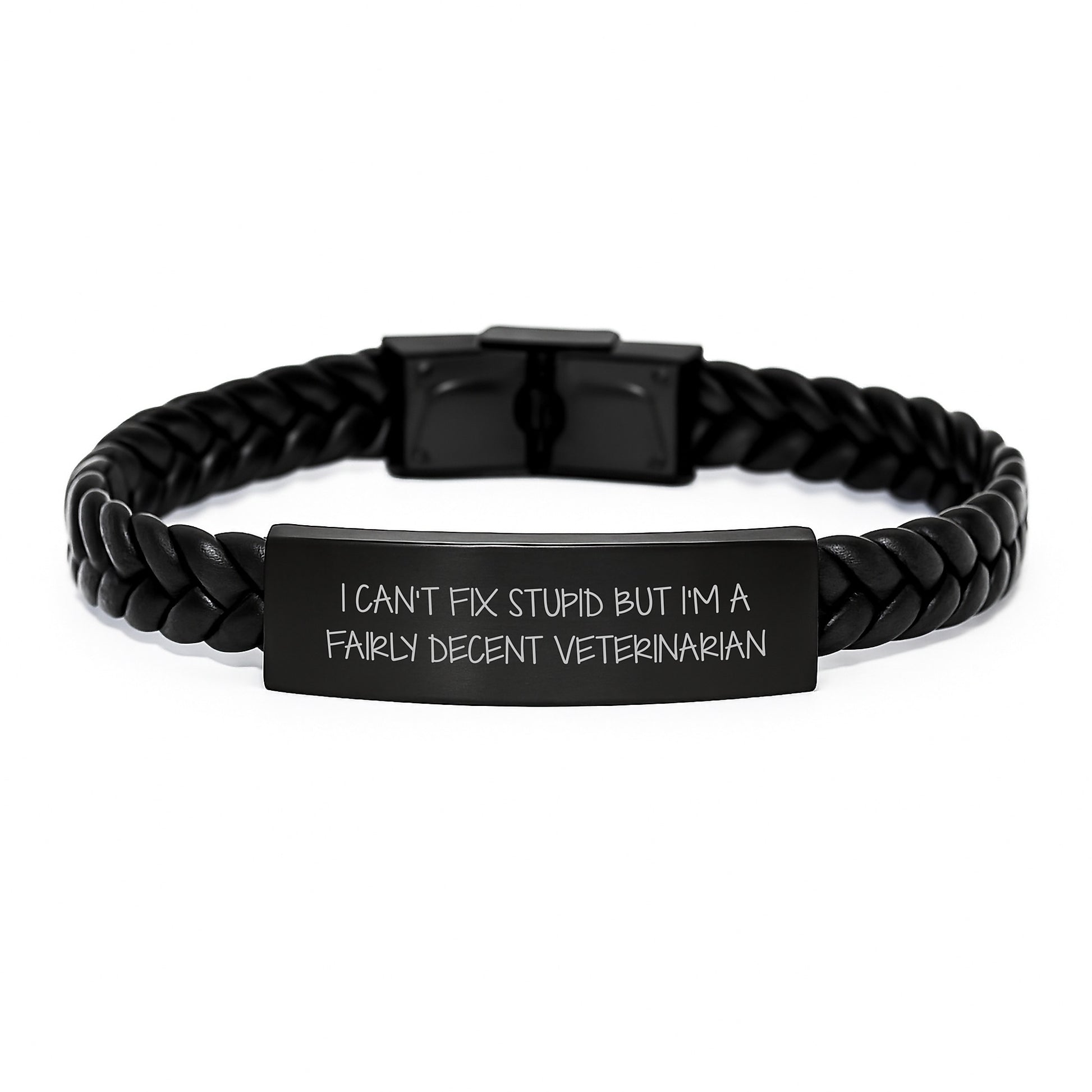 Funny Veterinarian Gifts from Men to Coworkers - Interlaced Leather Bracelet with Stainless Steel Quote, Christmas Unique Presents - Image 1