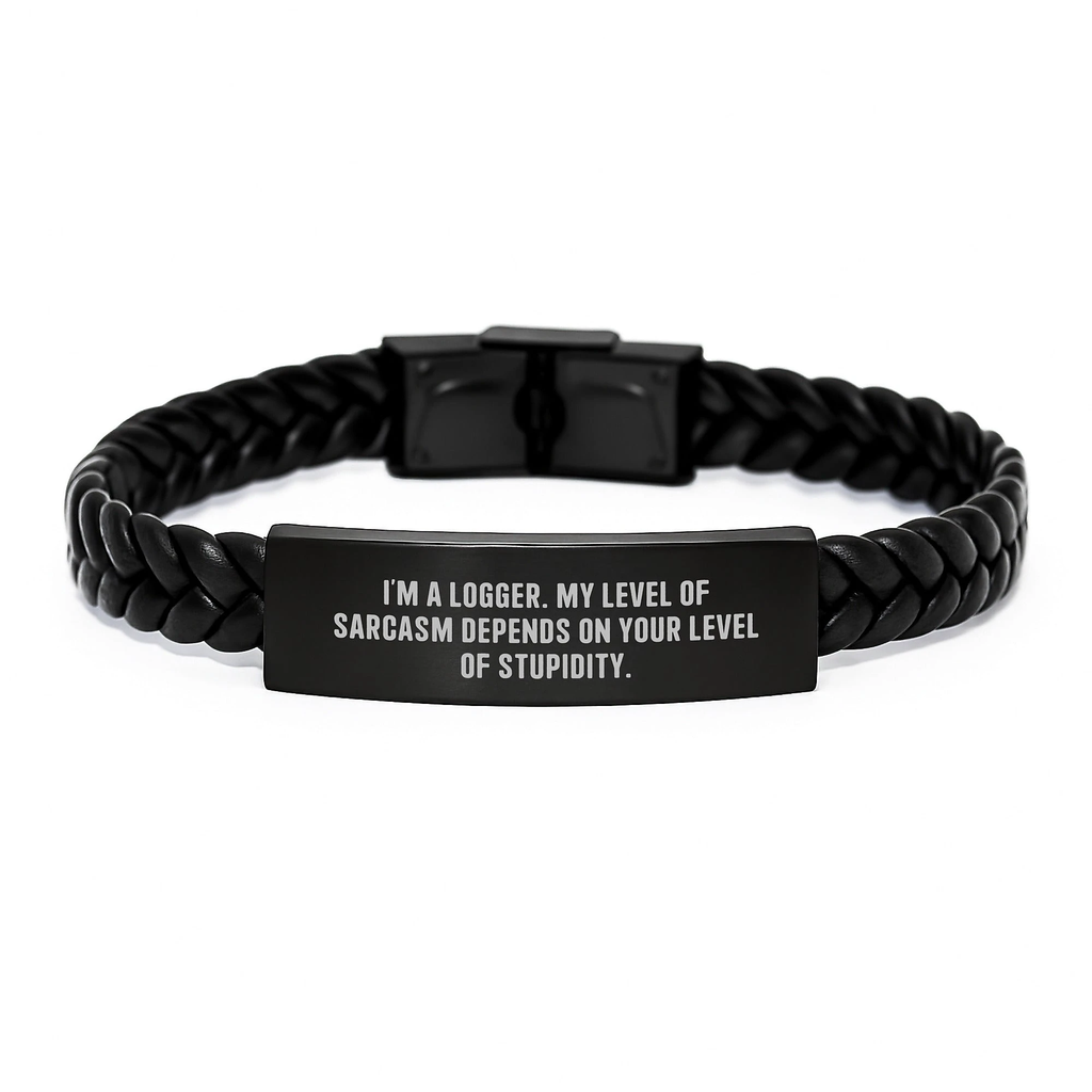 Funny Logger Gifts Interlaced Leather Bracelet, Gifts from Men to Logger on Valentine's - Stainless Steel Engraved - Image 1