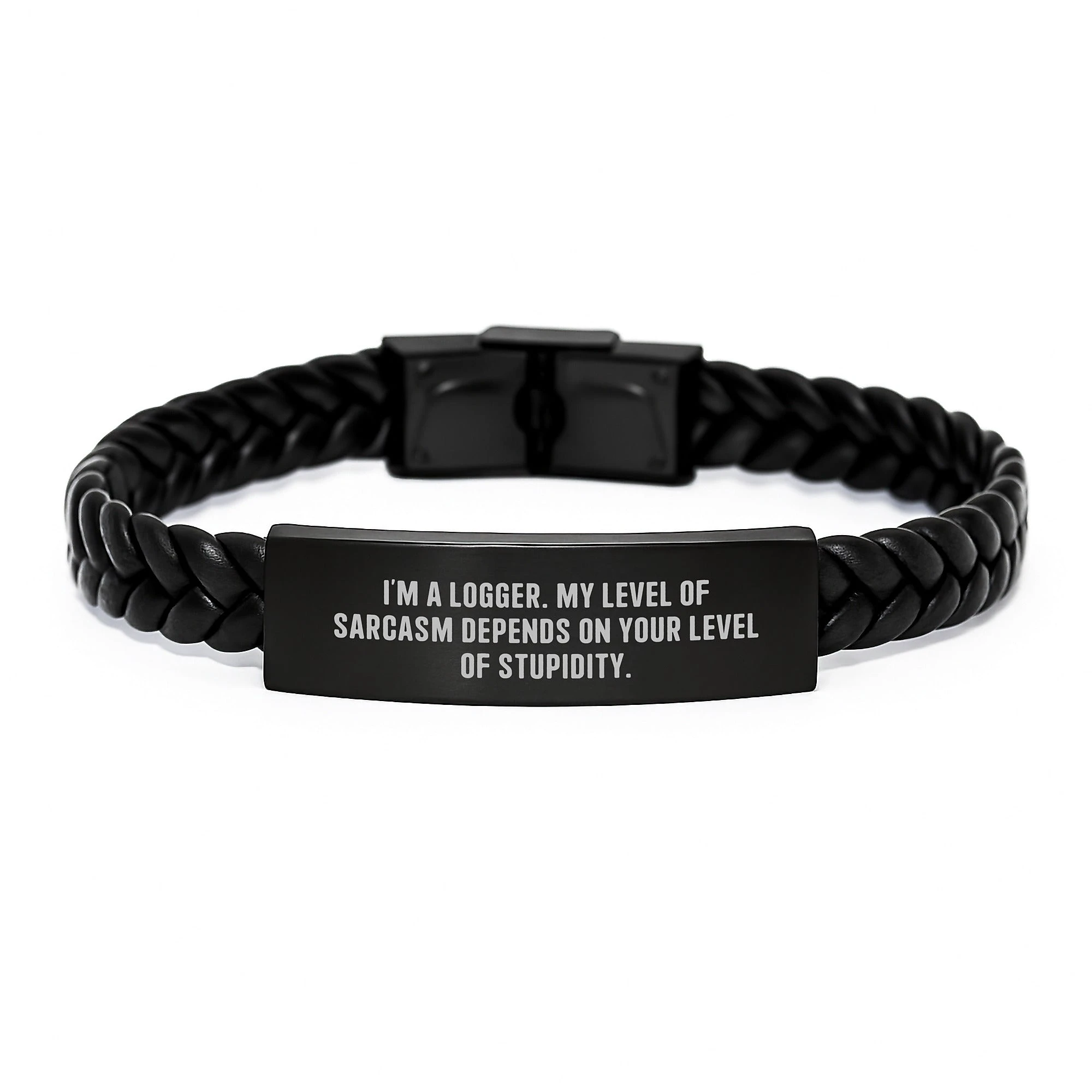 Funny Logger Gifts Interlaced Leather Bracelet, Gifts from Men to Logger on Valentine's - Stainless Steel Engraved - Image 1