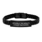 Funny Auctioneer Gifts for Men from Friends - Officially The World's Coolest Auctioneer Engraved Interlaced Leather Bracelet, Christmas Unique Gifts