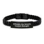 Funny Biologist Gifts from Men - Officially The World's Coolest Biologist Interlaced Leather Bracelet, Christmas Unique Presents for Biologist Friends
