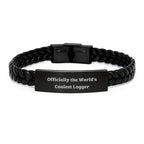 Funny Logger Gifts from Men for Logger Friends - Interlaced Leather Bracelet with 'Officially The World's Coolest Logger' Quote, Christmas Unique Gifts