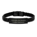 Funny Mechanic Gifts from Friends for Graduation Unique Interlaced Leather Bracelet with 'Officially The World's Coolest Mechanic' Quote, Men's or Women's