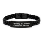 Funny PE Teacher Gifts from Men to Friends - Officially The World's Coolest PE Teacher, Interlaced Leather Bracelet, Christmas Unique Gifts for PE Teacher