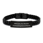 Gifts for Registered Nurses, 'Officially The World's Coolest Registered Nurse' Interlaced Leather Bracelet, Christmas Unique Gifts from Friends, for Men, Women, Coworkers, Family