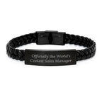 Unique 'World's Coolest Sales Manager' Interlaced Leather Bracelet Gifts for Men Friends and Family - Inspirational Holiday Presents for Sales Manager and Coworkers