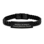 Funny Substitute Teacher Gifts from Friends for Christmas Unique Gifts - Officially The Worlds Coolest Substitute Teacher Stainless Steel Interlaced Leather Bracelet