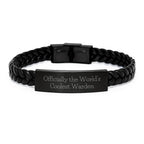 Funny Warden Gifts from Men, Officially The World's Coolest Warden Interlaced Leather Bracelet for Christmas Unique Gifts