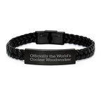 Funny Woodworker Gifts from Friends, Interlaced Leather Bracelet for Men Woodworker, Officially The World's Coolest Woodworker Inspirational Quote, Graduation Unique Gifts for Him