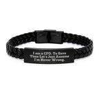 Funny CFO Christmas Unique Gifts for Men - Interlaced Leather Bracelet with Stainless Steel, 'I Am A Cfo To Save Time Lets Just Assume Im Never Wrong' Engraved, Unique Presents for CFOs