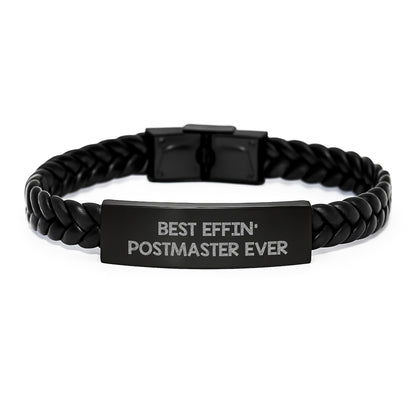Funny Postmaster Gifts, Stainless Steel Interlaced Leather Bracelet, Best Effin' Postmaster Ever Quote, Christmas Unique Gifts for Postmaster Men - Image 1