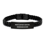 Funny Gifts for Social Worker, Best Effin' Social Worker Ever Interlaced Leather Bracelet, Gift for Social Worker Men Women Friends Family