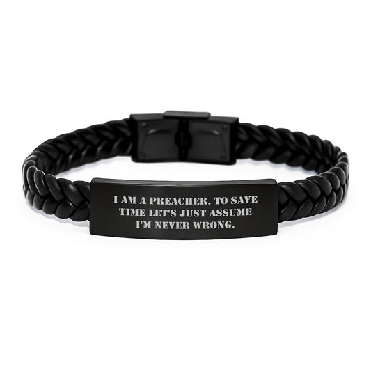 Funny Preacher Gifts from Friends, Christmas Unique Gifts for Preacher Men, Interlaced Leather Preacher Bracelet with Quote - Image 1