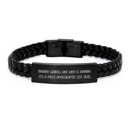 Funny Board Games Enthusiast Gifts for Men from Family, Unique Interlaced Leather Bracelet for Graduation, 'Board Games Are Not A Hobby. It's A Post-apocalyptic Life Skill.' Quote - Image 1