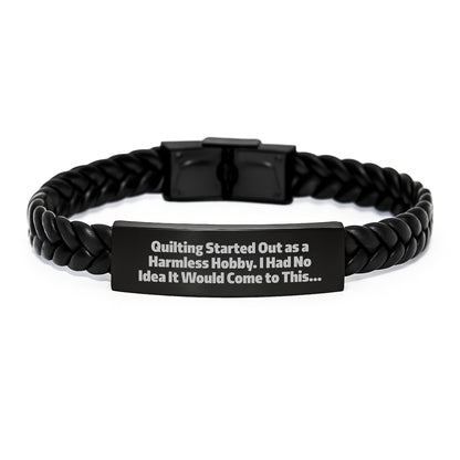 Quilting Gifts for Men - Interlaced Leather Wrap, Graduation Unique Gifts from Friends, Quilting Started Out As A Harmless Hobby, Funny Quilting Quote Leather Strap - Image 1