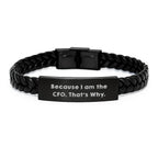 Funny CFO Gifts from Friends - Interlaced Leather Birthday Cuff, 'Because I Am The CFO. That's Why.' Quote, Stainless Steel and PU Leather Combination, 7.87 inches Long