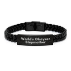 Funny Stepmother Gifts, World's Okayest Stepmother Interlaced Leather Bracelet for Birthday, Gifts from Mom, Gifts for Stepmother, Unique Birthday Unique Gifts