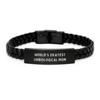 Funny Unbiological Mom Gifts from Mom or Dad - World's Okayest Unbiological Mom Interlaced Leather Bracelet Christmas Unique Gifts