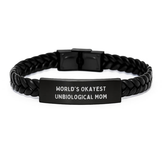 Funny Unbiological Mom Gifts from Mom or Dad - World's Okayest Unbiological Mom Interlaced Leather Bracelet Christmas Unique Gifts - Image 1