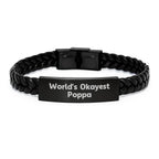 Funny Poppa Gifts, World's Okayest Poppa Interlaced Leather Bracelet, Unique Christmas Memorable Presents for Dad