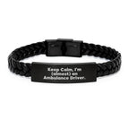 Funny Ambulance Driver Gifts for Men, Ambulance Driver Interlaced Leather Bracelet, Keep Calm I'm almost An Ambulance Driver, Christmas Unique Presents for Ambulance Driver