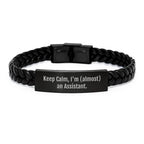 Funny Assistant Gifts, Keep Calm, I'm (almost) An Assistant., Interlaced Leather Graduation Gifts for Assistant, Men, Women, Friends, Coworkers, Family.