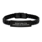 Funny Assistant Gifts from Friends, Keep Calm I'm (almost) An Assistant. Interlaced Leather Graduation Unique Gifts