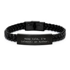 Funny Author Gifts, Interlaced Leather Bracelet for Author Friends, 'Keep Calm I'm (almost) An Author.' Christmas Unique Gifts from Men to Author