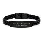 Funny Case Manager Gifts, 'Keep Calm, I'm (almost) A Case Manager.' Interlaced Leather Bracelet, Birthday Unique Gifts from Friends to Case Manager