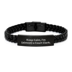 Funny Court Clerk Gifts, Interlaced Leather Bracelet, 'Keep Calm, I'm (almost) A Court Clerk', Unique Christmas Unique Gifts for Court Clerk Friends