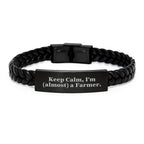 Funny Farmer Gifts for Men, Interlaced Leather Bracelet with Keep Calm I'm almost a Farmer Quote, Perfect Christmas Unique Gifts from Friends