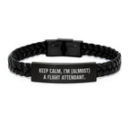 Funny Flight Attendant Gifts for Women, Interlaced Leather Bracelet with Quote 'Keep Calm, I'm (almost) A Flight Attendant', Christmas Unique Gifts from Friends