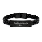 Funny Priest Gifts for Men, Interlaced Leather Bracelet with Stainless Steel, 'Keep Calm I'm (almost) A Priest' Christmas Unique Presents for Priest Friends