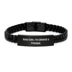 Funny Principal Gifts, Interlaced Leather Bracelet for Him, Gifts from Men to Principal, 'Keep Calm I'm almost a Principal' Motivational, Christmas Unique Gifts