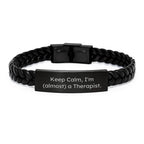 Funny Therapist Gifts for Men - Keep Calm I'm (almost) A Therapist Interlaced Leather Bracelet Christmas Unique Presents for Therapist Friends Coworkers Family