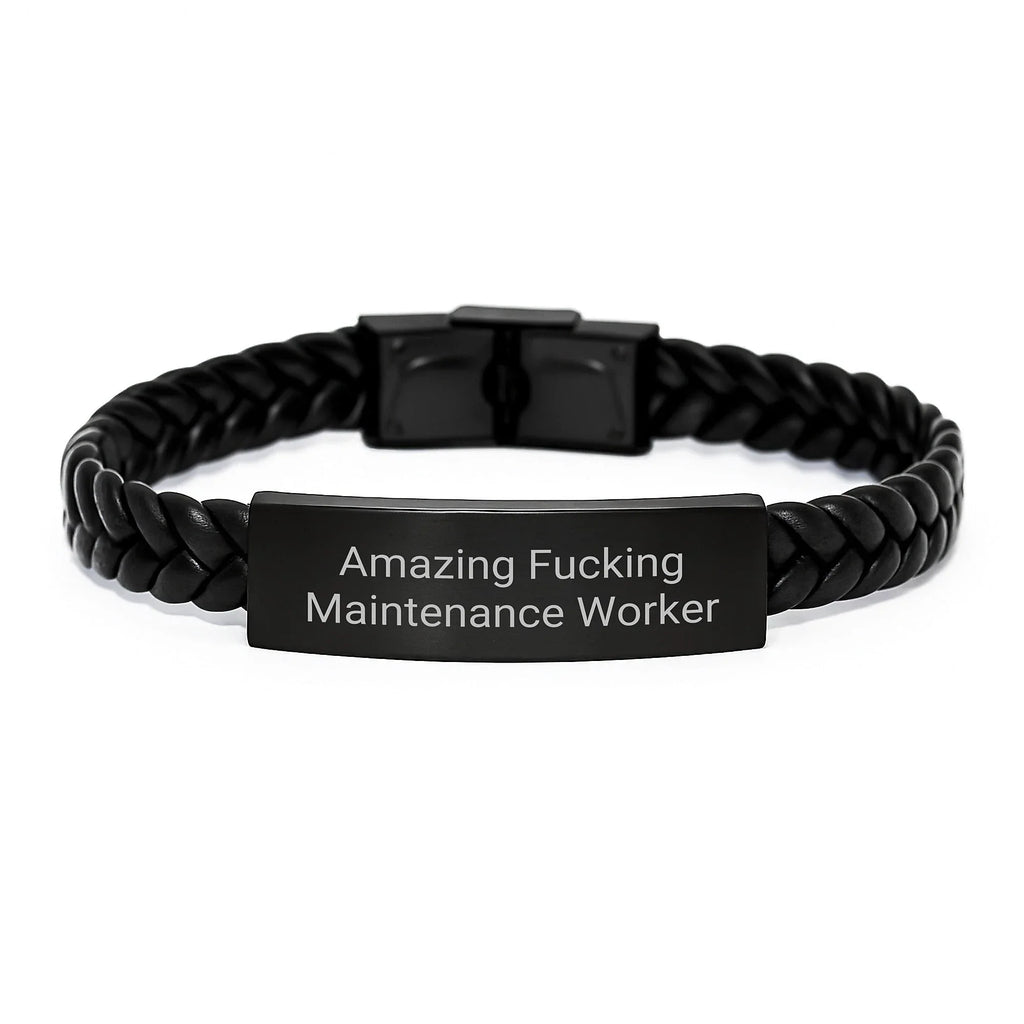 Funny Maintenance Worker Gifts for Men, Christmas Unique Interlaced Leather Bracelet with Stainless Steel, Engraved 'Amazing F--king' Quote, Gifts from Friends