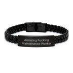 Funny Maintenance Worker Gifts for Men, Christmas Unique Interlaced Leather Bracelet with Stainless Steel, Engraved 'Amazing F--king' Quote, Gifts from Friends