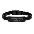 Funny Paralegal Gifts, Paralegal Interlaced Leather Bracelet, Gifts for Paralegal, Christmas Unique Presents from Friends to Paralegal, Quote 'Amazing F--king Paralegal'