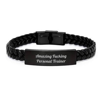 Funny Personal Trainer Gifts from Friends for Him or Her, Interlaced Leather Bracelet Quote 'Amazing F--king Personal Trainer' Birthday Unique Gifts - Image 1