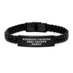 Commemorate Real Estate Agent's Graduation with Funny 'Amazing F--king Real Estate Agent' Interlaced Leather Bracelet Gifts from Men, Gifts for Real Estate Agent Women, Friends, Coworkers, Family