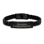 Funny Reporter Gifts for Men, Unique Interlaced Leather Bracelet with 'Amazing F--king Reporter' Quote, Christmas Unique Gifts from Friends