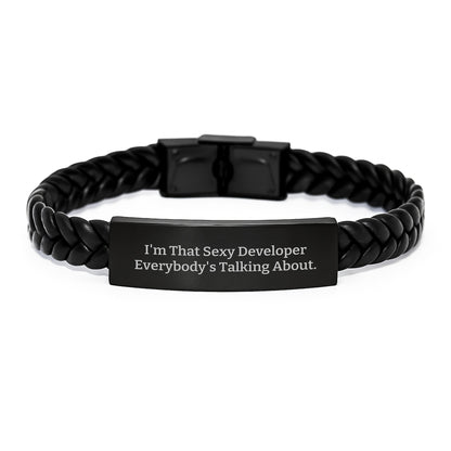 Funny Developer Gifts, Christmas Unique Interlaced Leather Bracelet for Men, Gifts from Friends to Developer, I'm That Sexy Developer Everybody's Talking About. - Image 1
