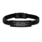 Funny Woodworker Gifts from Dad to Son - Unique Interlaced Leather Bracelet for Woodworker Men Graduation - Engraved Stainless Steel - Image 1