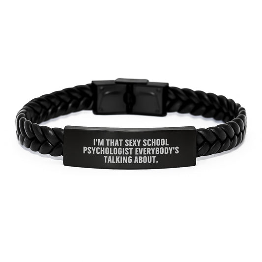 Funny School Psychologist Gifts for Men, Women, Friends, and Coworkers - Interlaced Leather Bracelet with Engraved Stainless Steel, Christmas Unique Presents - Image 1