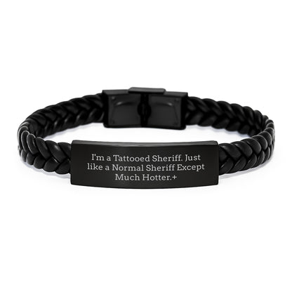 Funny Sheriff Quote Leather Cuff, Interlaced Leather Sheriff Gift for Men, Gifts from Friends, Unique Birthday Presents for Sheriff, Sheriff Leather Accessories - Image 1