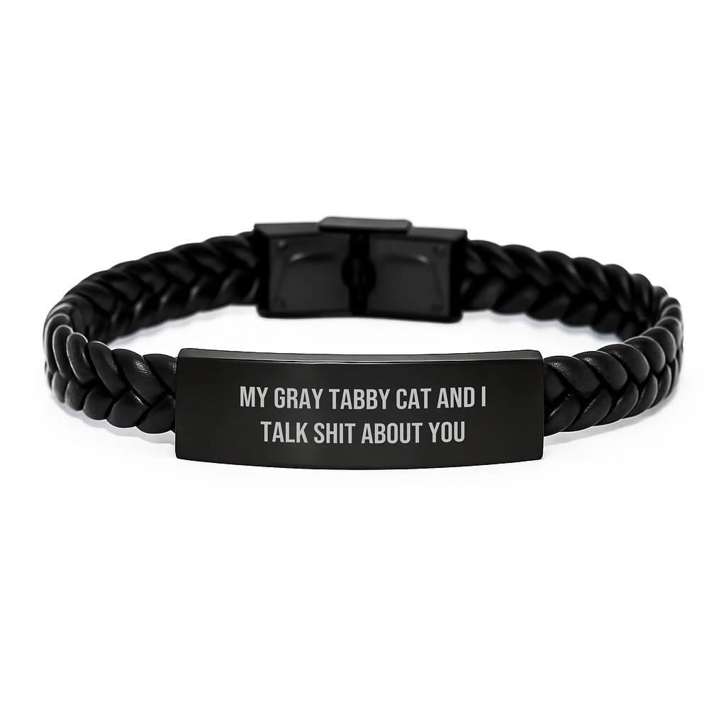 Gray Tabby Cat Interlaced Leather Bracelet for Him Birthday Gift - Image 1