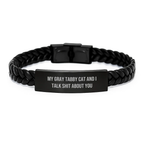 Gray Tabby Cat Interlaced Leather Bracelet for Him Birthday Gift - Image 1