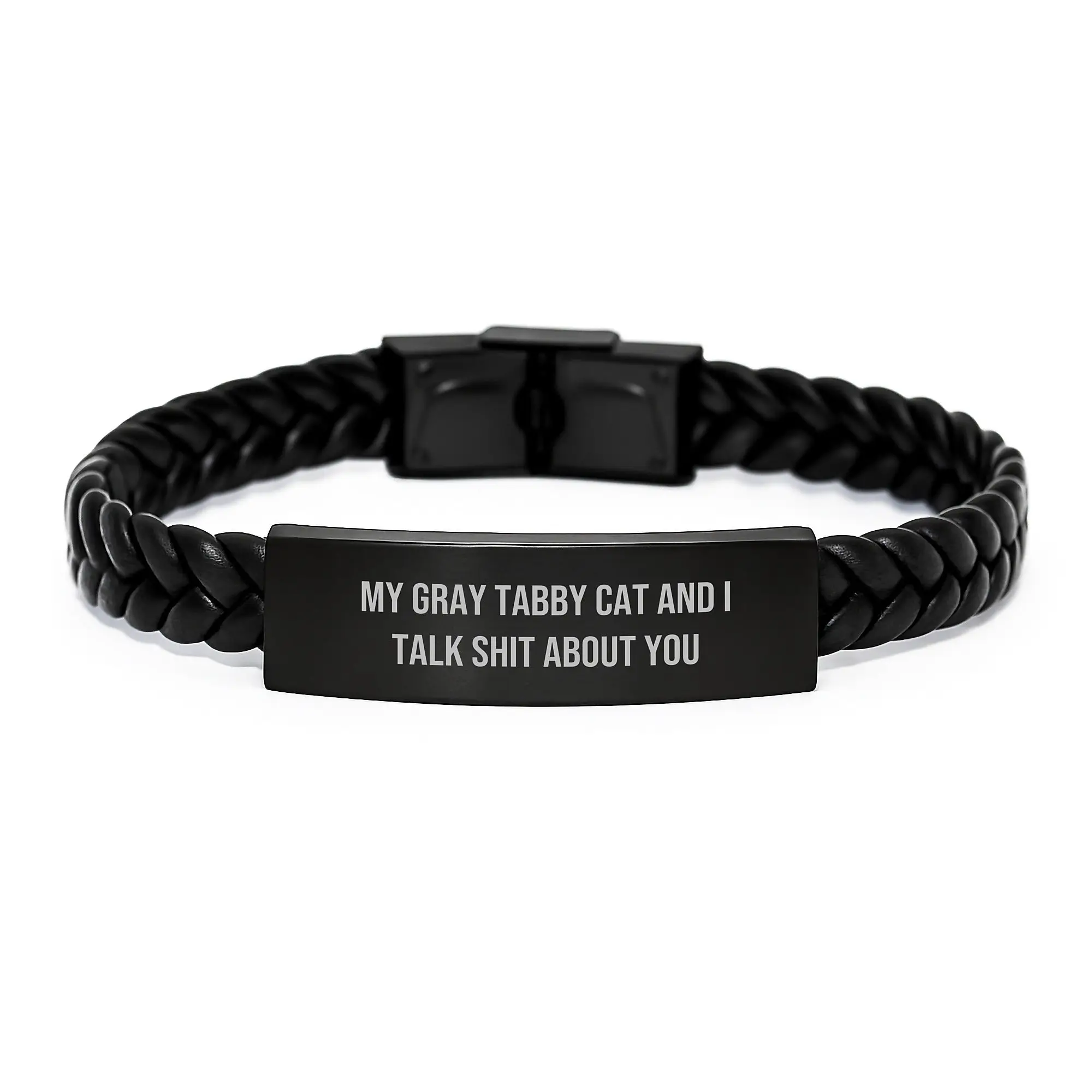 Gray Tabby Cat Interlaced Leather Bracelet for Him Birthday Gift - Image 1