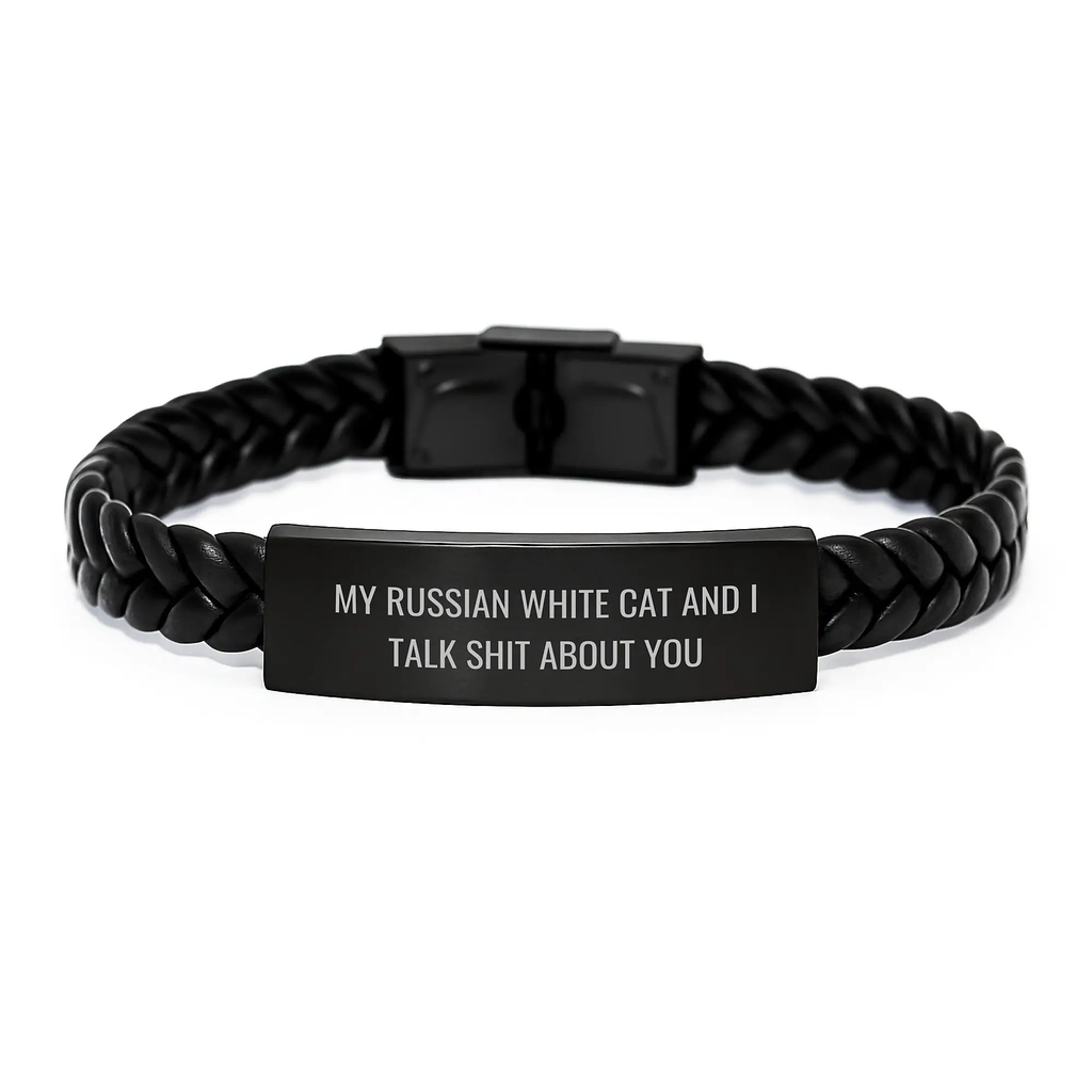 Funny Russian White Cat Gifts for Men, Women, Friends, Coworkers, Family - Gifts from Russian White Cat Lovers - My Cat Talk Shit About You Interlaced Leather Bracelet for Graduation Unique Gifts - Image 1