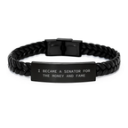 Funny Senator Birthday Unique Gifts for Men - Interlaced Leather Bracelet, Gifts from Friends to Senator, Inspirational Quote 'I Became A Senator For The Money And Fame' - Image 1